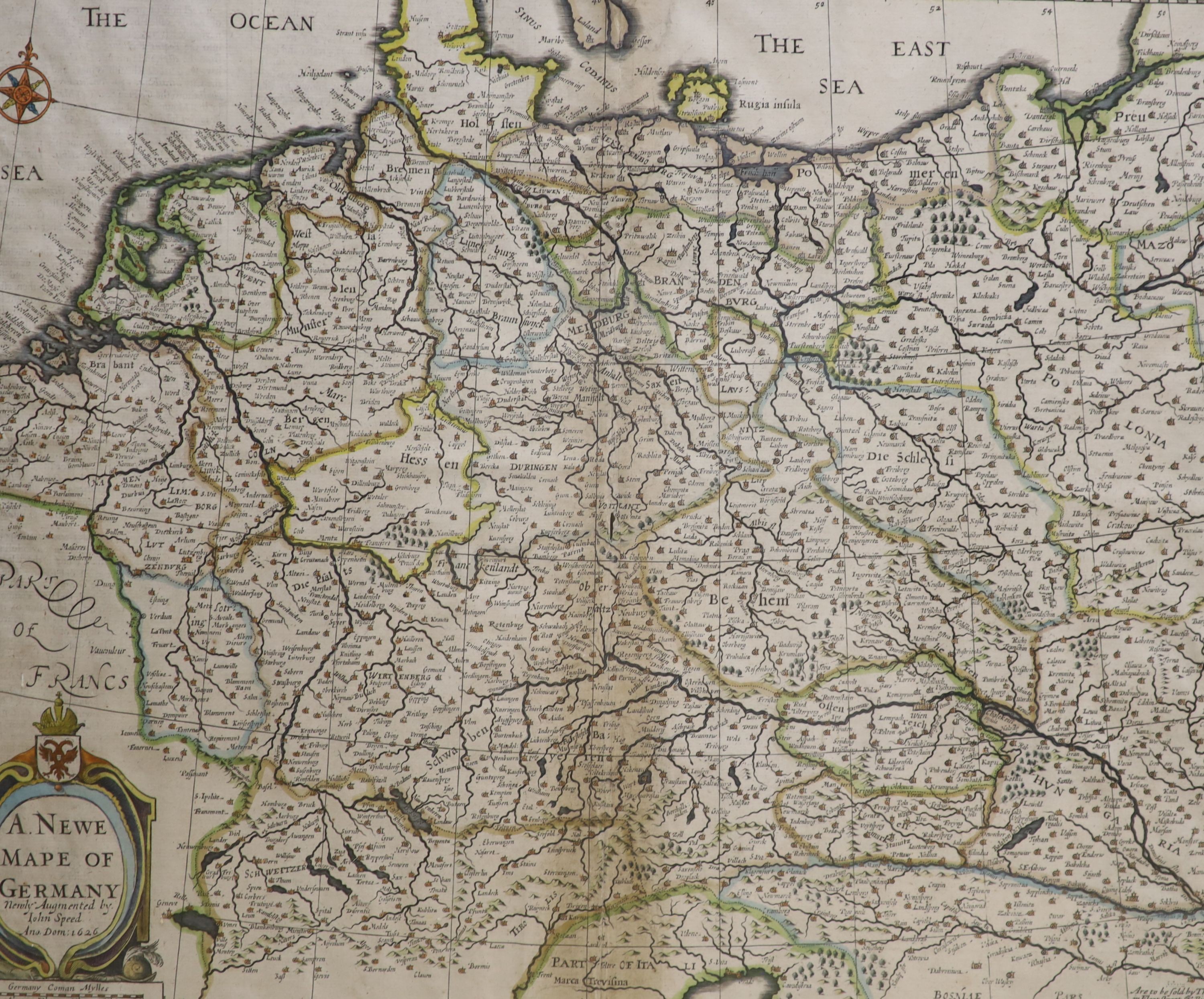 Three coloured engraved maps - ‘’Carte de Norwege & Suede’’, 1755, 50 x 57cm. ‘’The Kingdom of Denmarke’’, augmented by John Speede, 1626, 42 x 54cm. and ‘’A New map of Germany’’ augmented by John Speede, 1626, 41 x 52.5